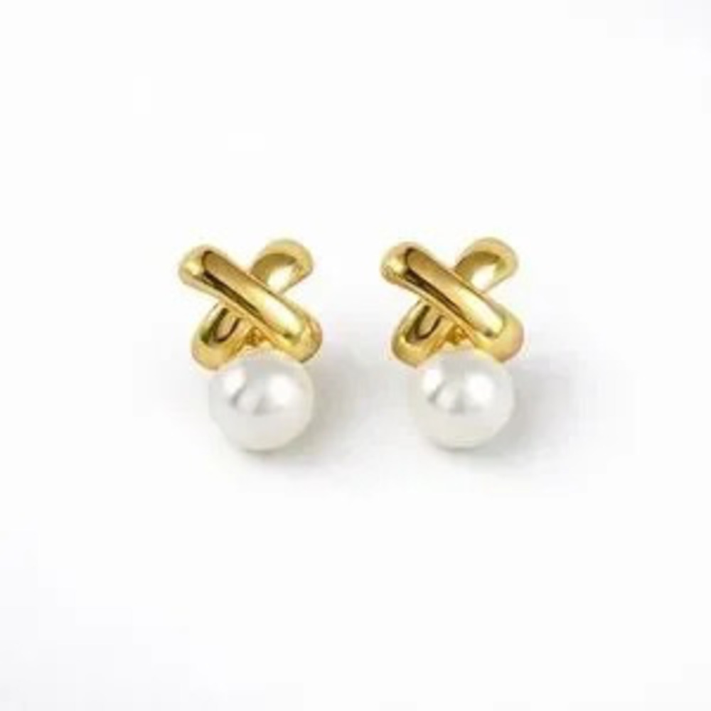 Gold X Pearl Stud Earrings (1212)